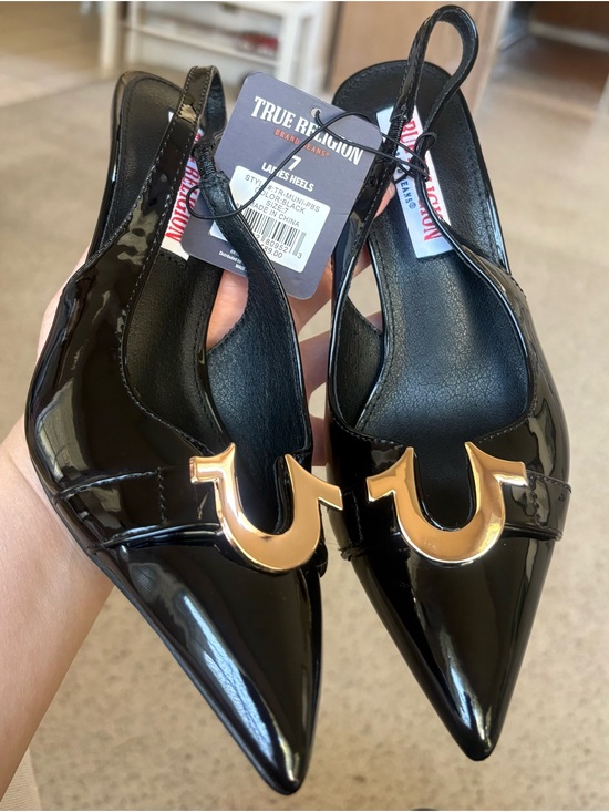 True Religion Shoes - True Religion Black Patent Slingback Heels with Gold Logo Accent